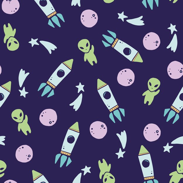 fofo infantil padrão sem emenda de elementos do espaço, ufo, foguete, planeta, alien. estilo infantil desenhado à mão