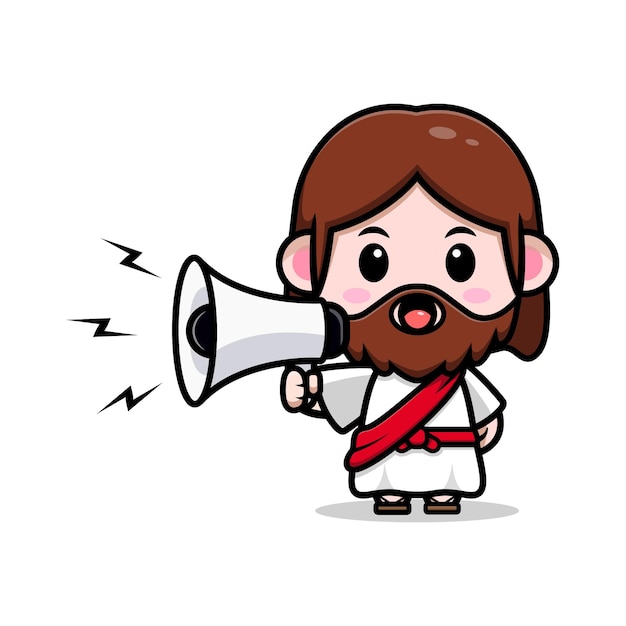 Fofo jesus cristo falando na ilustração cristã dos desenhos animados de vetor de megafone