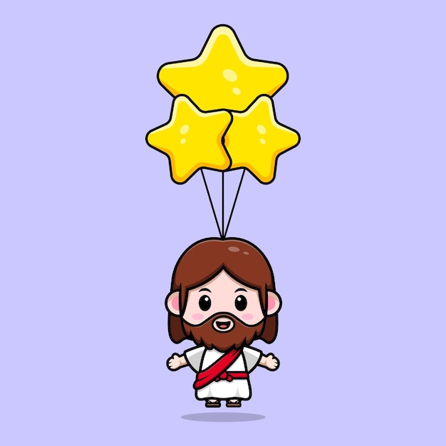 Fofo jesus cristo flutuando com ilustração cristã de desenho vetorial de balão estrela