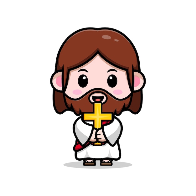 Fofo jesus cristo segurando uma ilustração cristã de desenho vetorial cruz