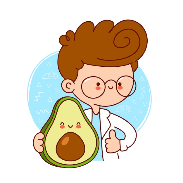 Fofo médico feliz segurar abacate. ilustração de personagem kawaii em linha plana