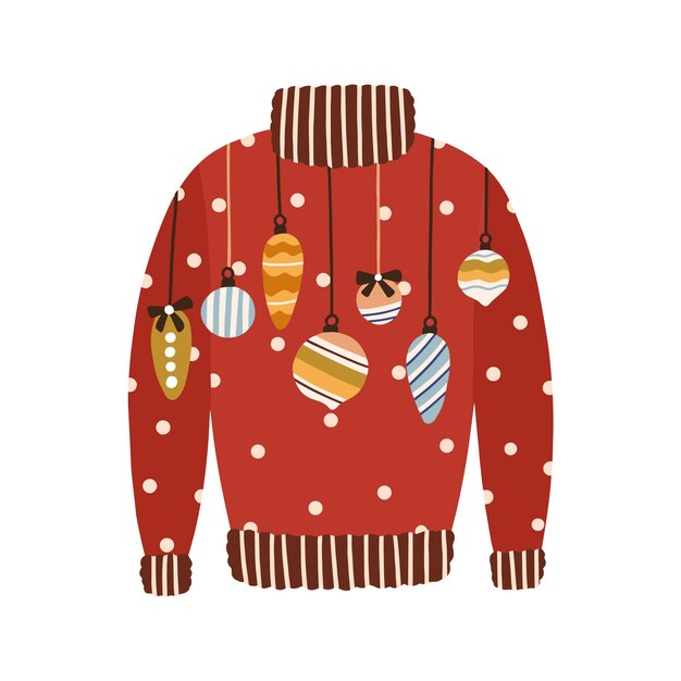 Fofo suéter vermelho confortável decorado com enfeites de árvore de natal e ilustração plana de brinquedos de vetor. vestuário quente de malha com elementos de design isolados no branco. jumper festivo aconchegante da temporada de inverno.