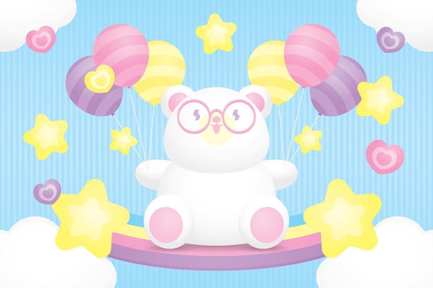 Fofo ursinho branco kawaii usa óculos no arco-íris pastel colorido com estrelas e balões