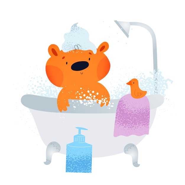 Vetor fofo ursinho tomando banho com bolhas, sabonete e shampoo