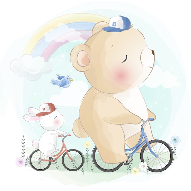 Fofo urso andando de bicicleta com coelhinho