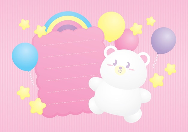 Fofo urso branco kawaii com caixa de texto rosa e arco-íris pastel colorido e balões e estrelas