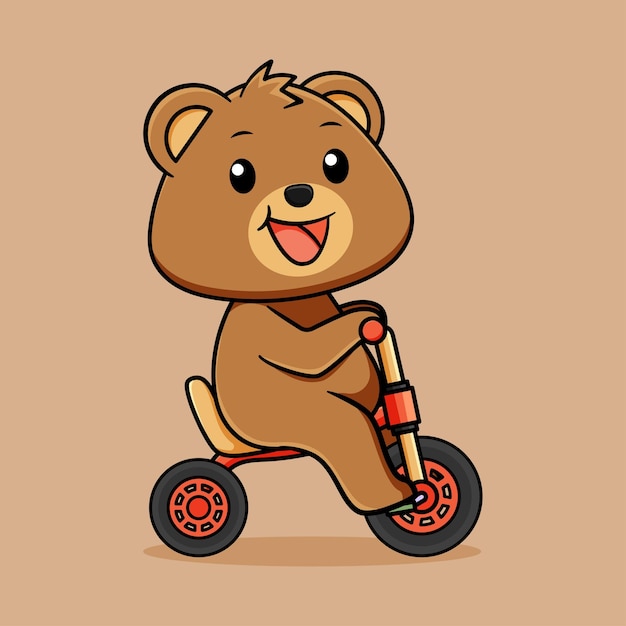 Fofo urso feliz andando de triciclo em fundo marrom claro
