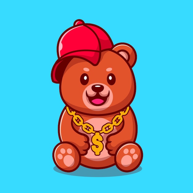 Fofo urso ganhar com chapéu e colar de corrente de ouro ilustração dos desenhos animados. conceito de moda animal isolado. estilo flat cartoon