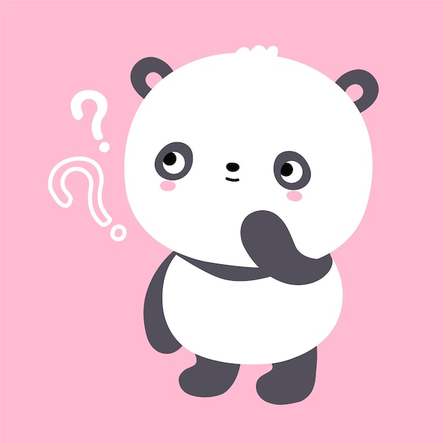 Fofo urso panda kawaii engraçado com ponto de interrogação. ícone de ilustração vetorial plana dos desenhos animados do personagem kawaii. desenho animado bonito urso panda pensa conceito de ícone de personagem