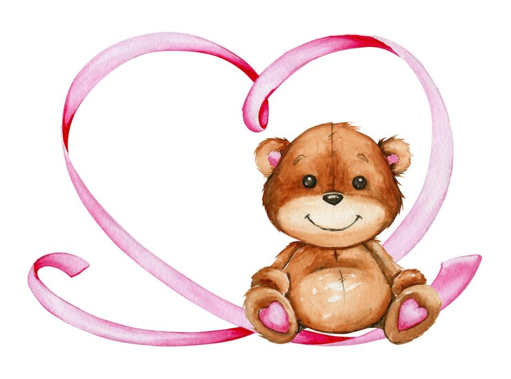 Fofo urso sentado, coração feito de fita rosa.