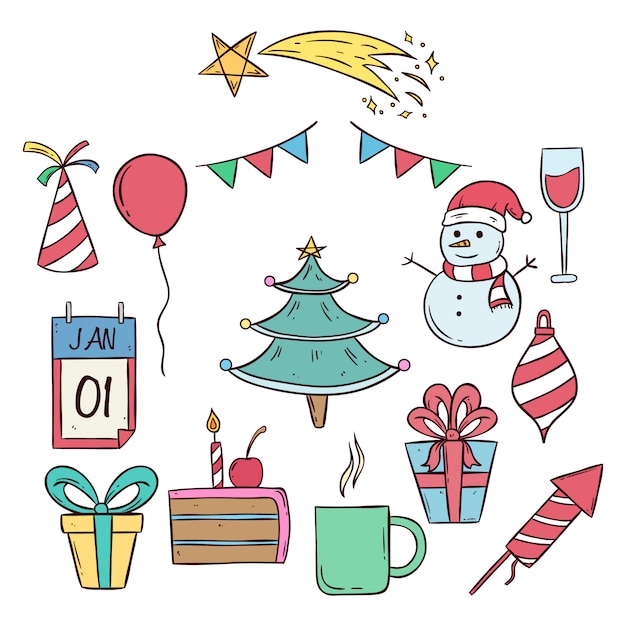 Fofos ícones de natal e ano novo com arte doodle colorido