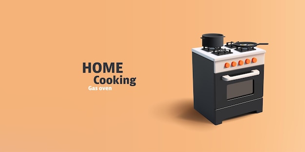 Vetor fogão a gás de cozinha com forno 3d render ilustração vetorial detalhada com uma frigideira e uma panela