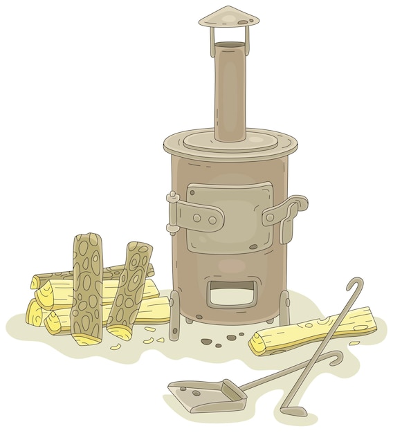 Fogão de ferro velho pequeno com chaminé e tarugos picados para uma casa de aldeia ou uma estufa