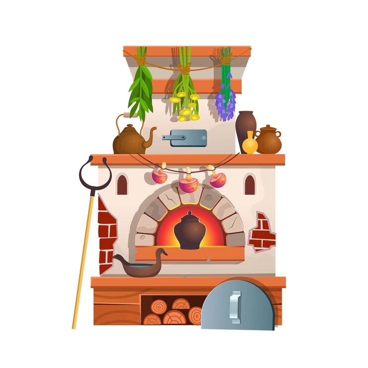 Vetor fogão tradicional russo com potes de pôquer ervas secas cogumelos chaleira chaleira ilustração plana dos desenhos animados isolada no fundo branco