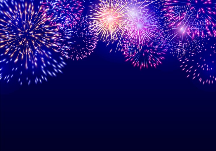 Vetor fogo de artifício colorido sobre fundo azul escuro