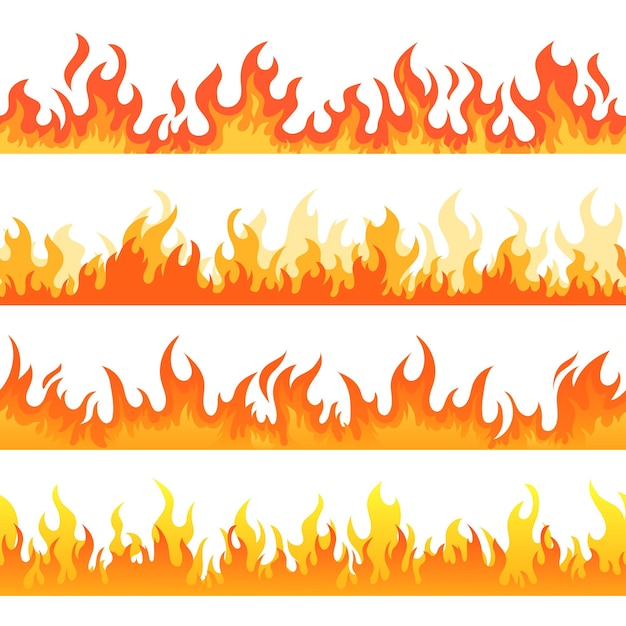 Fogo flame fundo textura sem costura Bonfire movimento fronteiras intermináveis definido inferno picante efeito cômico vermelho queima para o diabo zangado ou bombeiro arte de temperatura quente padrão de desenho animado vetor