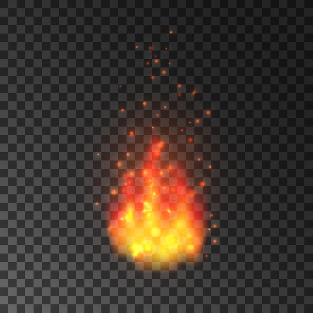 Fogo realista com faíscas. chamas ardentes isoladas em fundo transparente