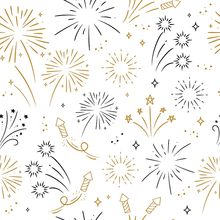 Vetor fogos de artifício dourados e pretos com estrelas e faíscas em fundo branco padrão sem costura vetorial