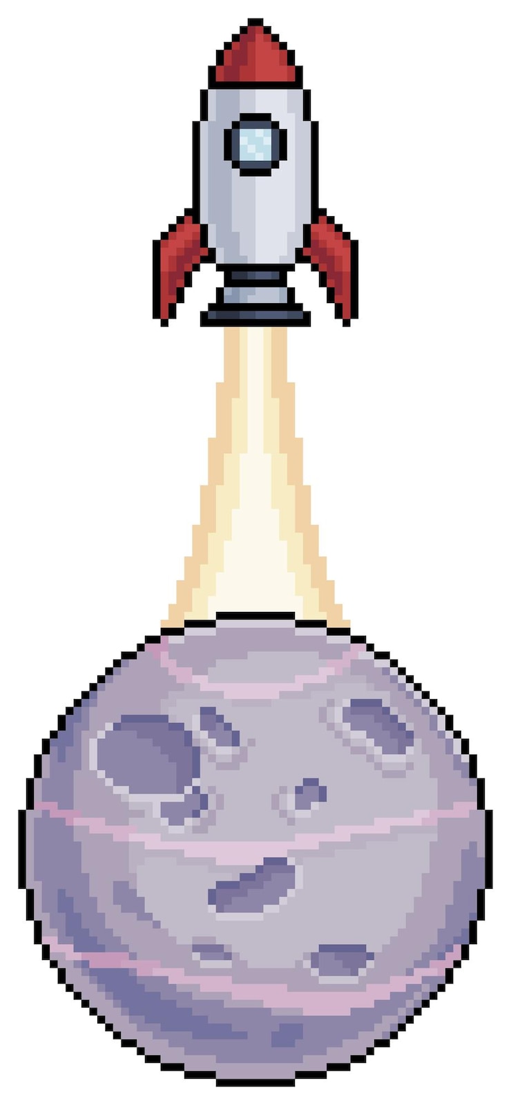 Vetor foguete de pixel art decolando do ícone vetorial do planeta para jogo de 8 bits em fundo branco