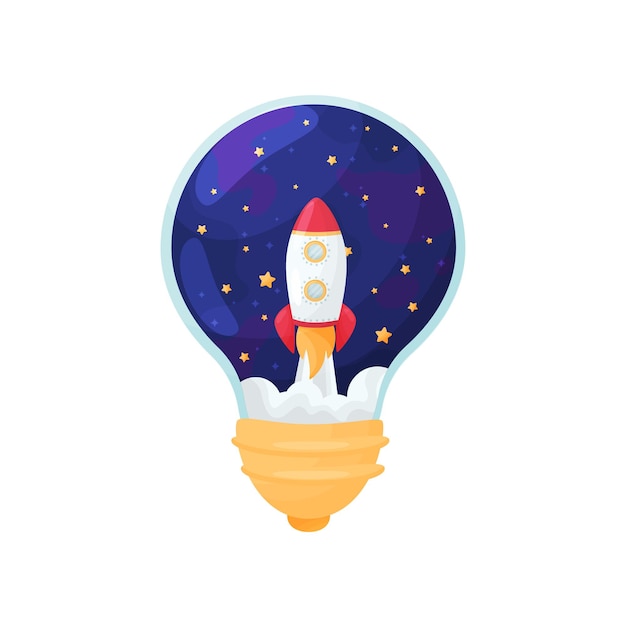 Foguete decola contra a figura do céu estrelado dentro da ilustração vetorial da lâmpada sobre fundo branco
