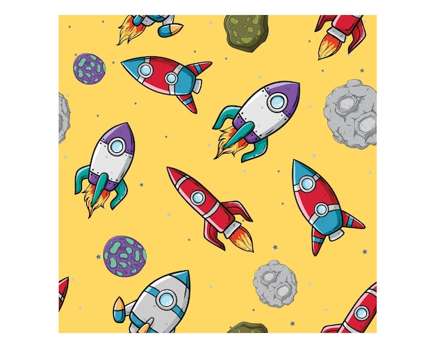 foguete espacial colorido e objeto espacial em padrão sem costura com vetor de estilo desenhado à mão