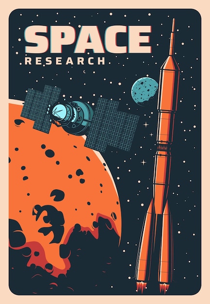 Vetor foguete espacial e satélite, colonização de marte