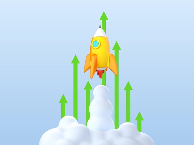 Foguete subindo com setas subindo isoladas em fundo azul desenvolvimento pessoal e de carreira conceito de crescimento rápido e impulso ilustração 3d vetorial