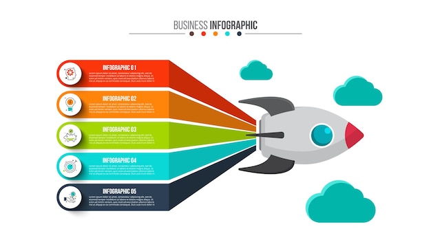 Foguete voador com chamas e nuvens infográfico de inicialização com 5 opções de peças ou processos