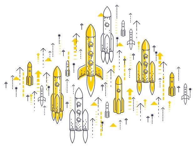 Foguetes de inicialização decolam, foguetes espaciais voando conceito de negócio de arranque, ilustração vetorial.