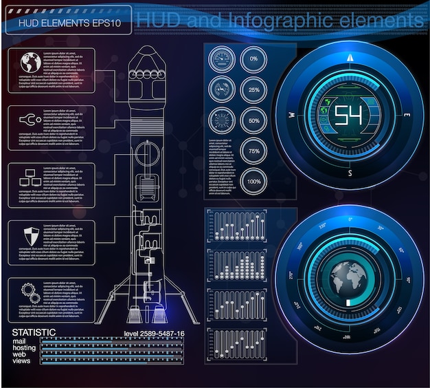 Foguetes de interface de lançamento espacial, display gráfico controla o foguete de paletes. hud sky-fi.