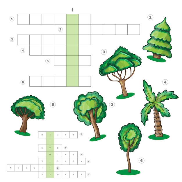 Folha de atividades de quebra-cabeça para crianças - palavras cruzadas com árvores - jogo educacional, palavras cruzadas para crianças. aprendizagem de vocabulário