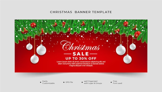 Folha de banner verde de venda de Natal realista com fundo vermelho de elemento de Natal.