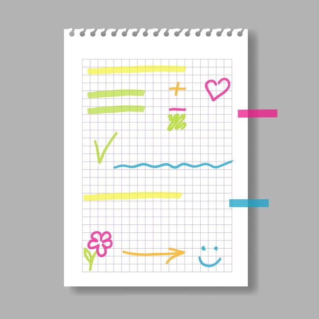 Folha de caderno 3D com rabiscos e adesivos