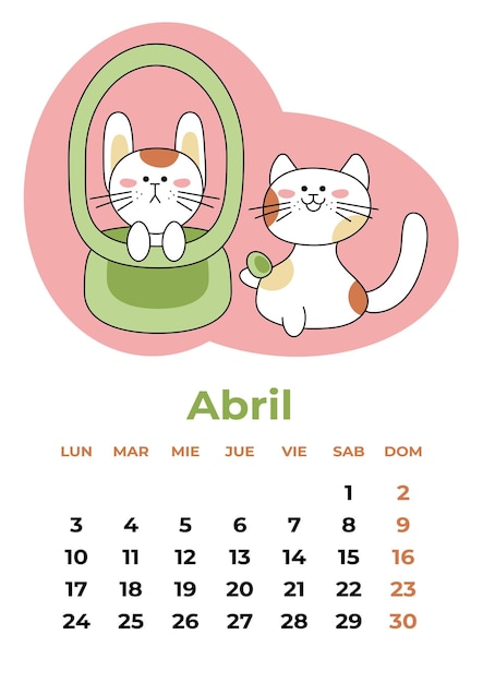 Vetor folha de calendário de abril de 2023 em espanhol com um coelho em uma cesta e um gato com um ovo