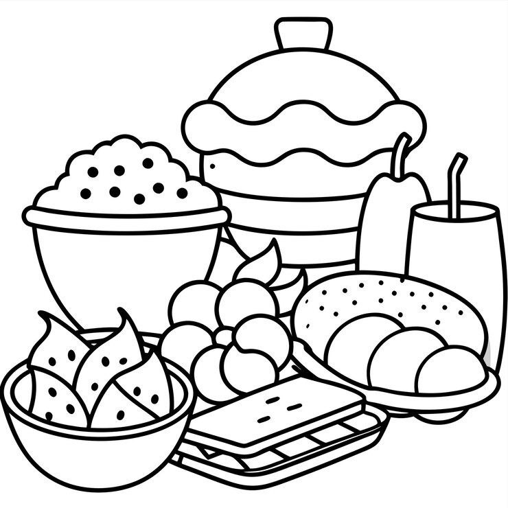 Vetor folha de coloração de desenhos animados de grupos de alimentos e pratos