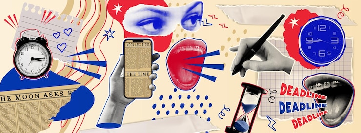 Vetor folha de fundo vintage de jornal relógio de tempo dispositivo de telefone de mão impressão de jornal retrô de meia tonalidade escritura de caneta diário rasgado de mês notícias adesivos gráficos bandeira de textura de papel vetorial