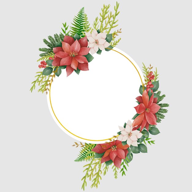 Folha de galhos de árvores de abeto verde aquarela de fronteira de natal e flores de poinsétia.