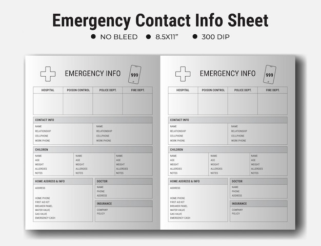 Folha de informações de contato de emergência informações importantes editáveis notas sobre cuidados infantis para impressão