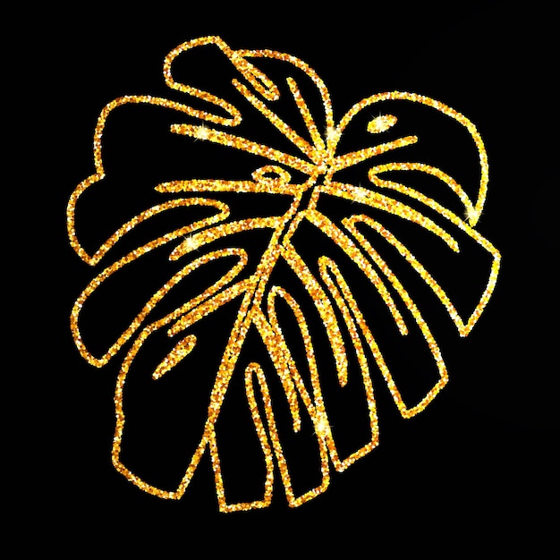 Folha de linha tropical de ouro de textura de brilho monstera em fundo preto