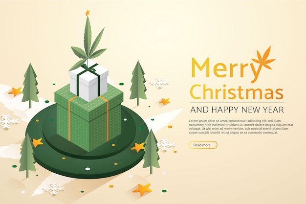 Folha de maconha com conjunto de caixas de presente grandes no verde do pódio feliz natal e feliz ano novo