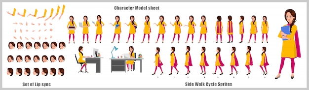 Folha de modelo de design de personagem de estudante indiano com animação de ciclo de caminhada. design de personagens de menina. frente, lado, vista traseira e poses de animação explicador. conjunto de caracteres com várias visualizações e sincronização labial