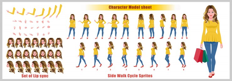 Folha de modelo de Design de personagem de menina compras cabelo loiro com animação de ciclo de caminhada. Design de personagens de menina. Frente, lado, vista traseira e poses de animação explicador. Conjunto de caracteres com sincronização labial