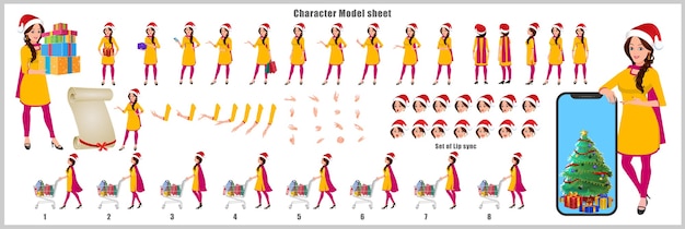 Folha de modelo de design de personagens de menina indiana do papai noel com ciclo de caminhada, sincronização labial, árvore de natal e presente