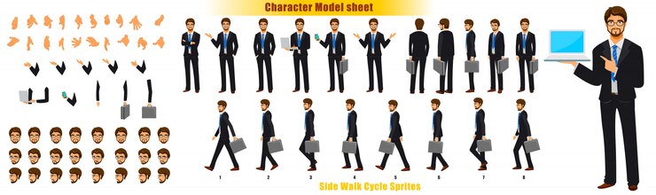 Folha de modelo de personagem de empresário com folha de Sprites de animação de ciclo de pé