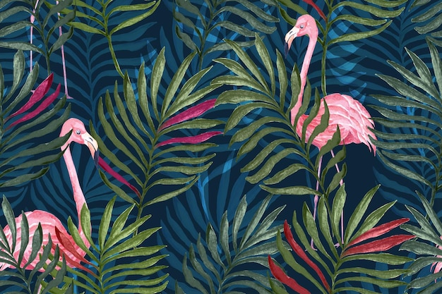 Folha de palmeira padrão e flamingo para tecido e papel de parede. fundo de botânica tropical.