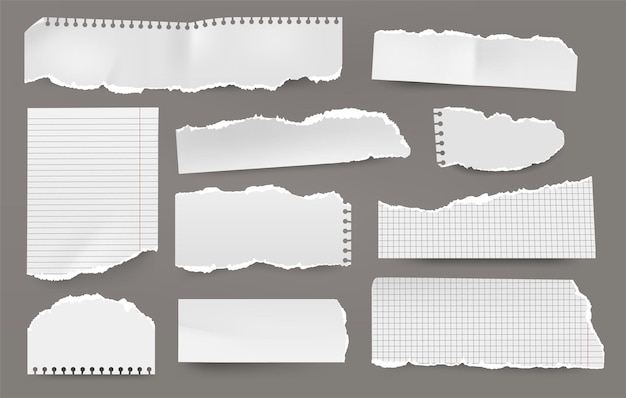 Folha de papel rasgada páginas de memorando pegajosas brancas realistas com bordas rasgadas folhas de bloco de notas grunge rasgadas com layout alinhado conjunto de vetores