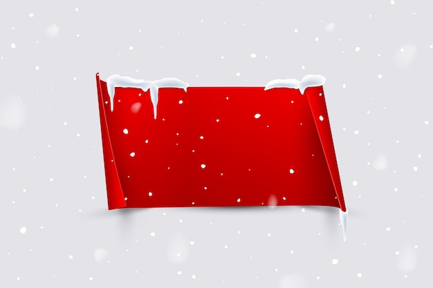 Folha de papel vermelha com bordas enroladas isoladas em fundo de neve.