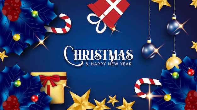 Folha de pinho azul de fundo de Natal de luxo com bola azul Premium Vector