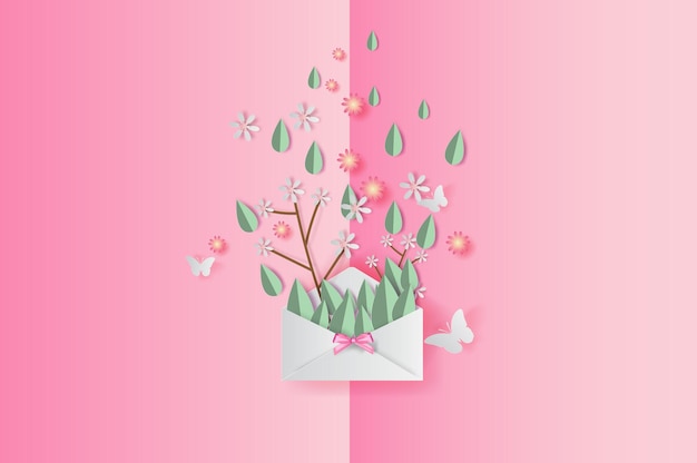 Folha de primavera e decoração de flores em fundo de texto colocado corte de papel e primavera artesanal