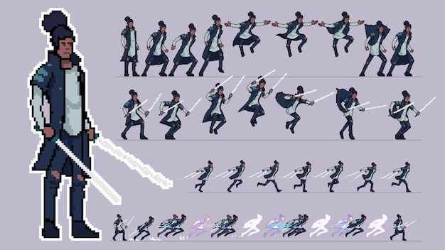 Folha de sprite de animação pixelart de personagem pronta para usar andar ciclo correr espada espada capa preta
